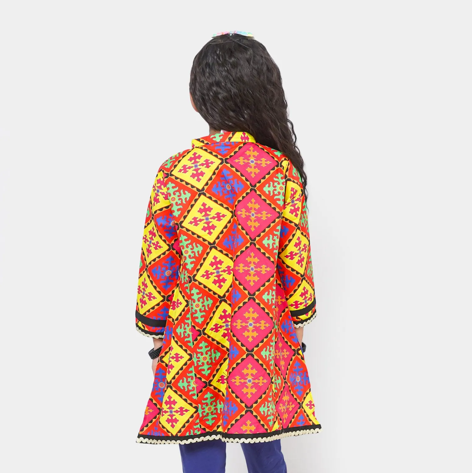 Girls Cotton Cultural Long Kurti - Multi