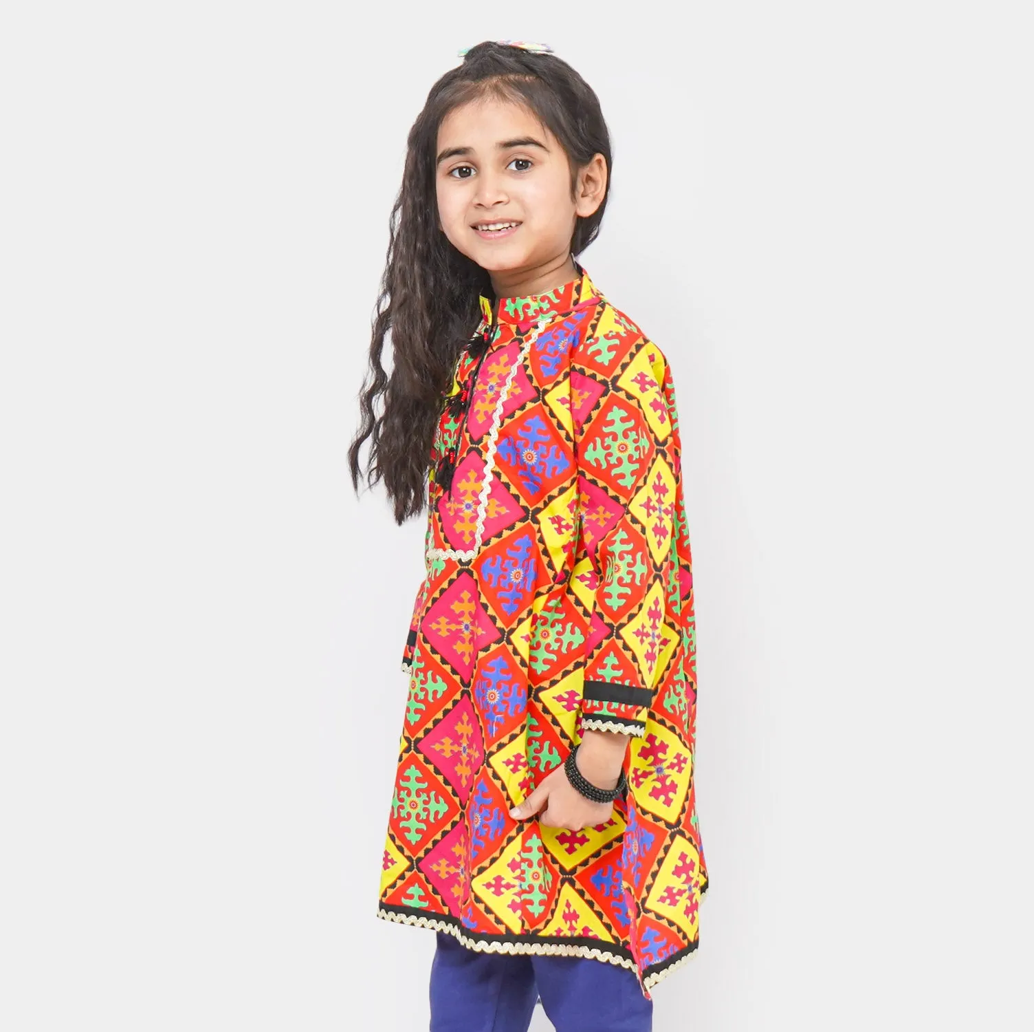 Girls Cotton Cultural Long Kurti - Multi