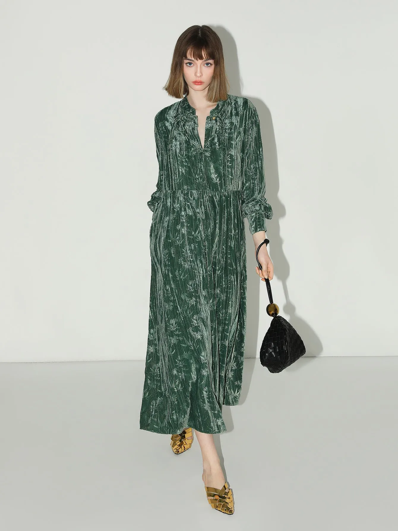 Green Bamboo Leaf and Knotted Button Dress