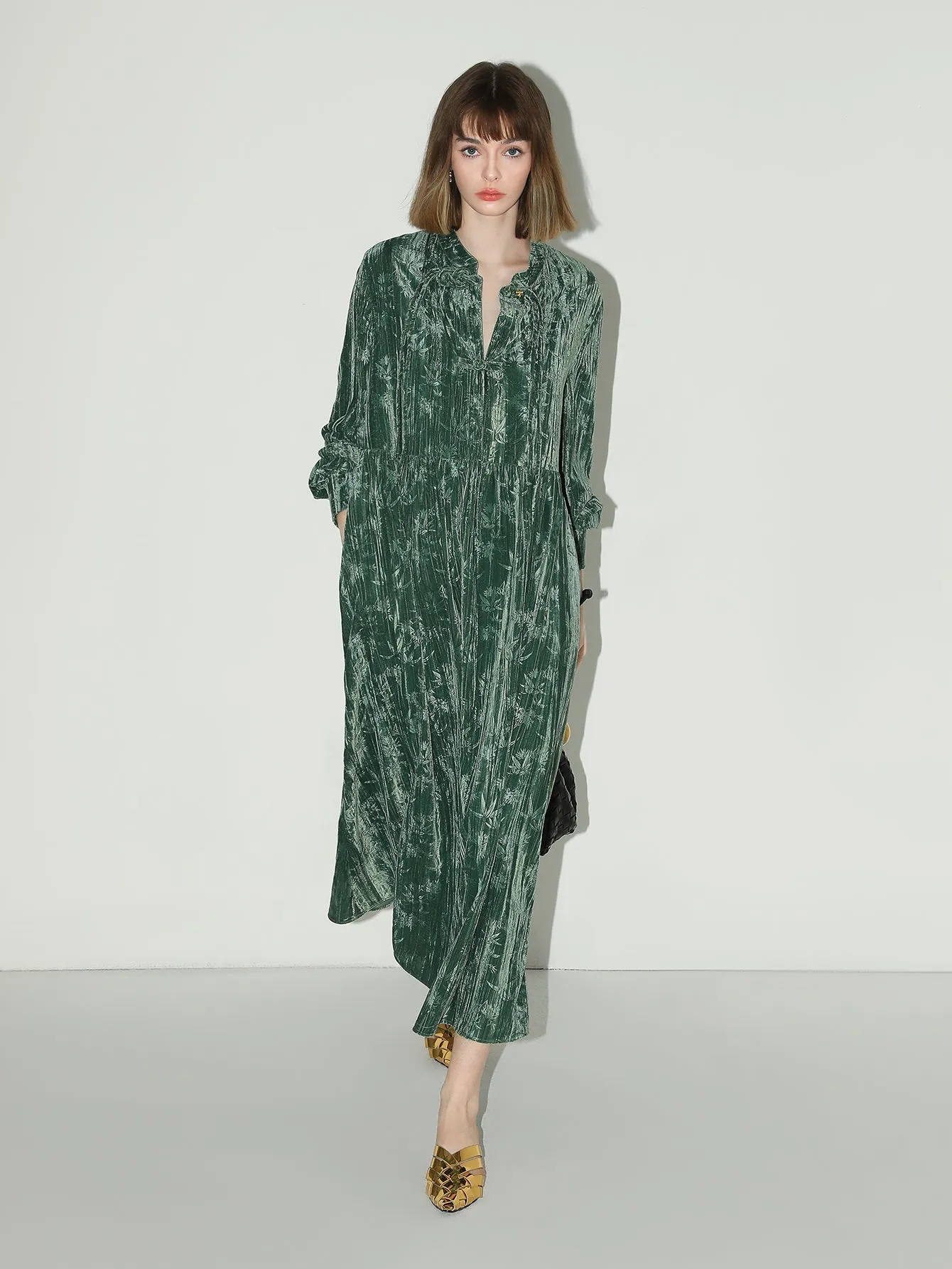 Green Bamboo Leaf and Knotted Button Dress