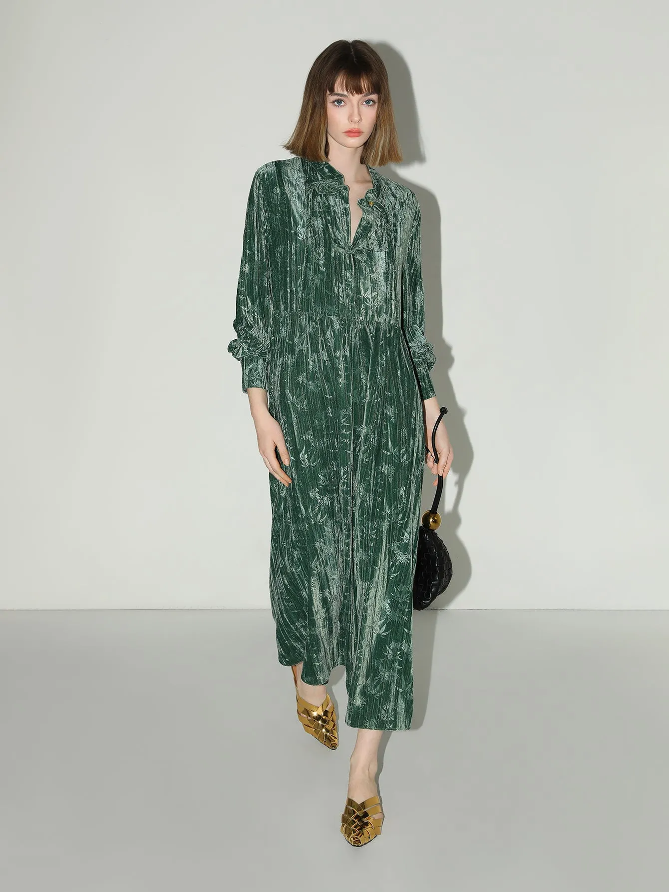 Green Bamboo Leaf and Knotted Button Dress