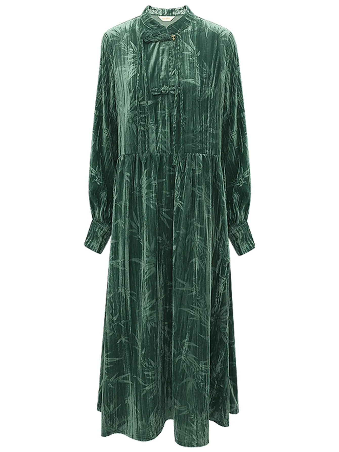 Green Bamboo Leaf and Knotted Button Dress