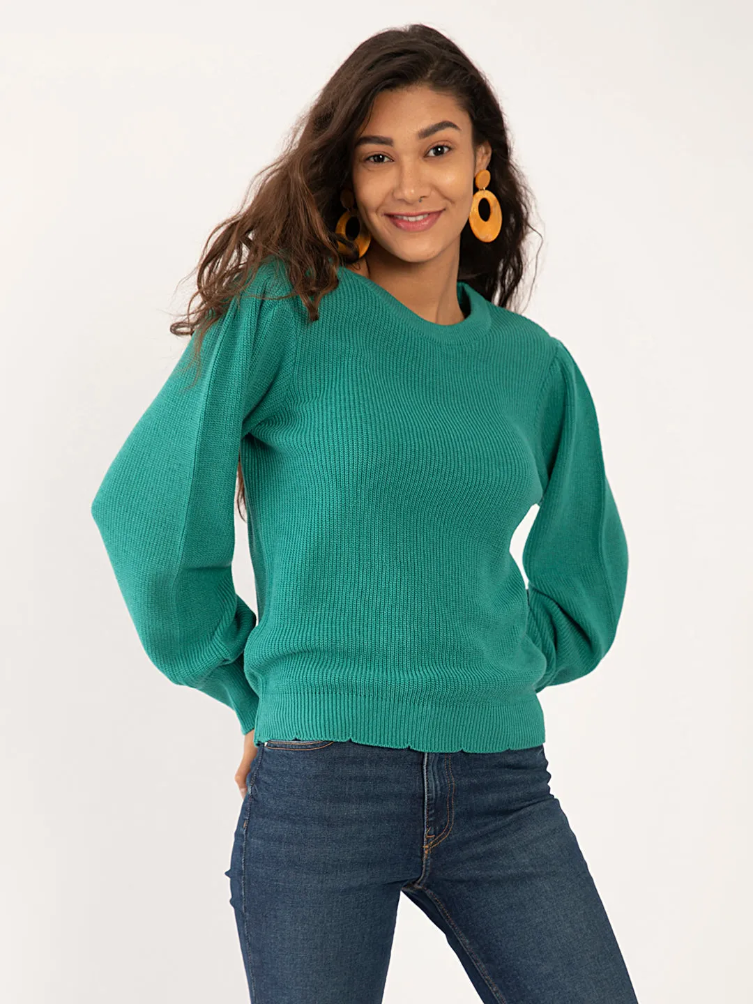 Green Solid Regular Sweaters