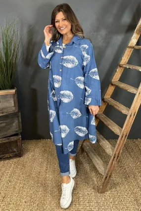 Irene Print Button Linen Tunic Blue