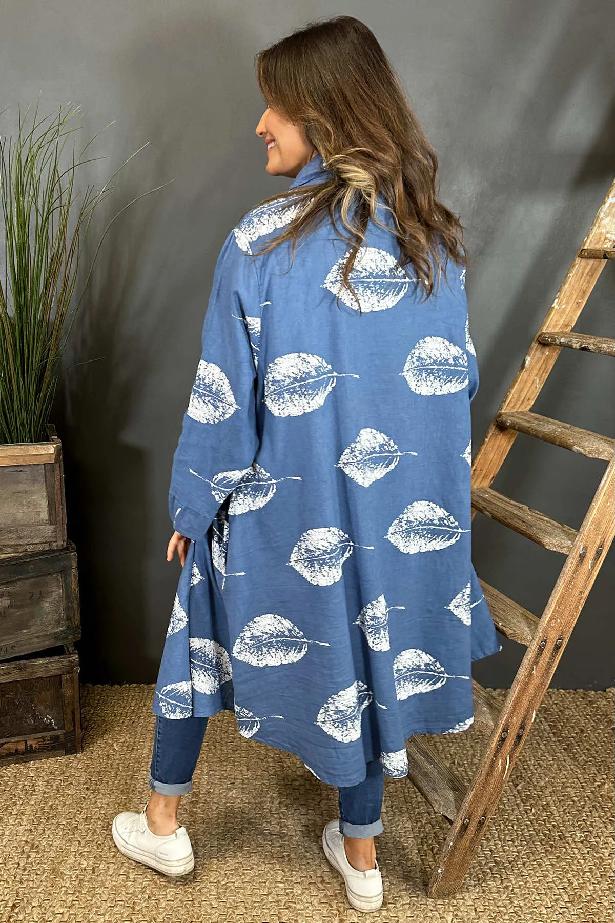 Irene Print Button Linen Tunic Blue