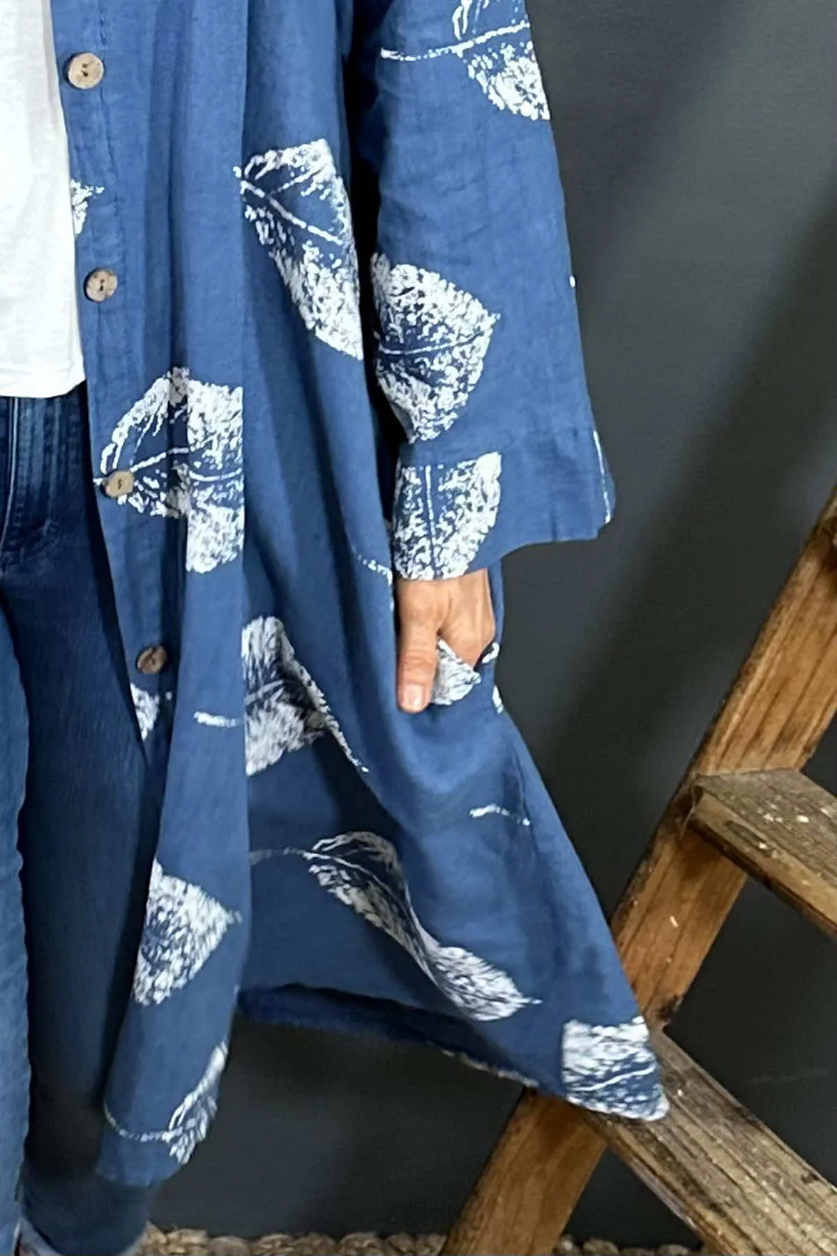 Irene Print Button Linen Tunic Blue