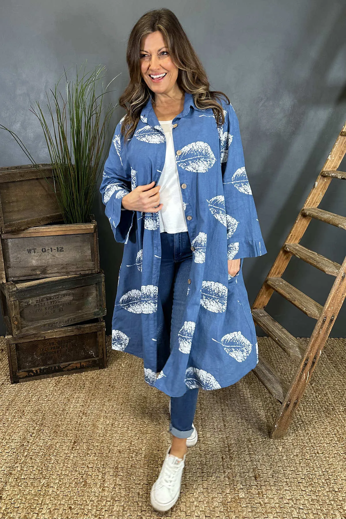 Irene Print Button Linen Tunic Blue