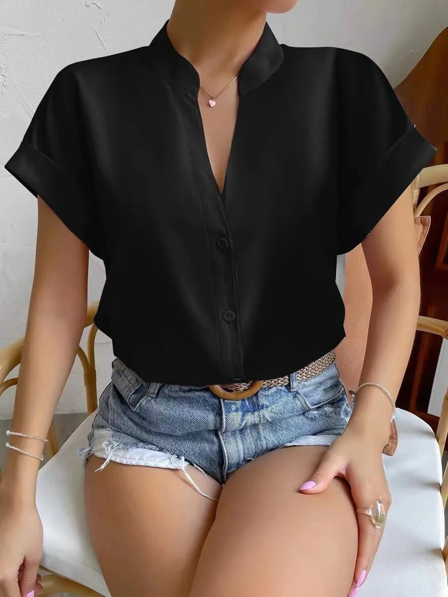 Ivyshape | Casual Silk Satin Short-Sleeved Blouse for Women
