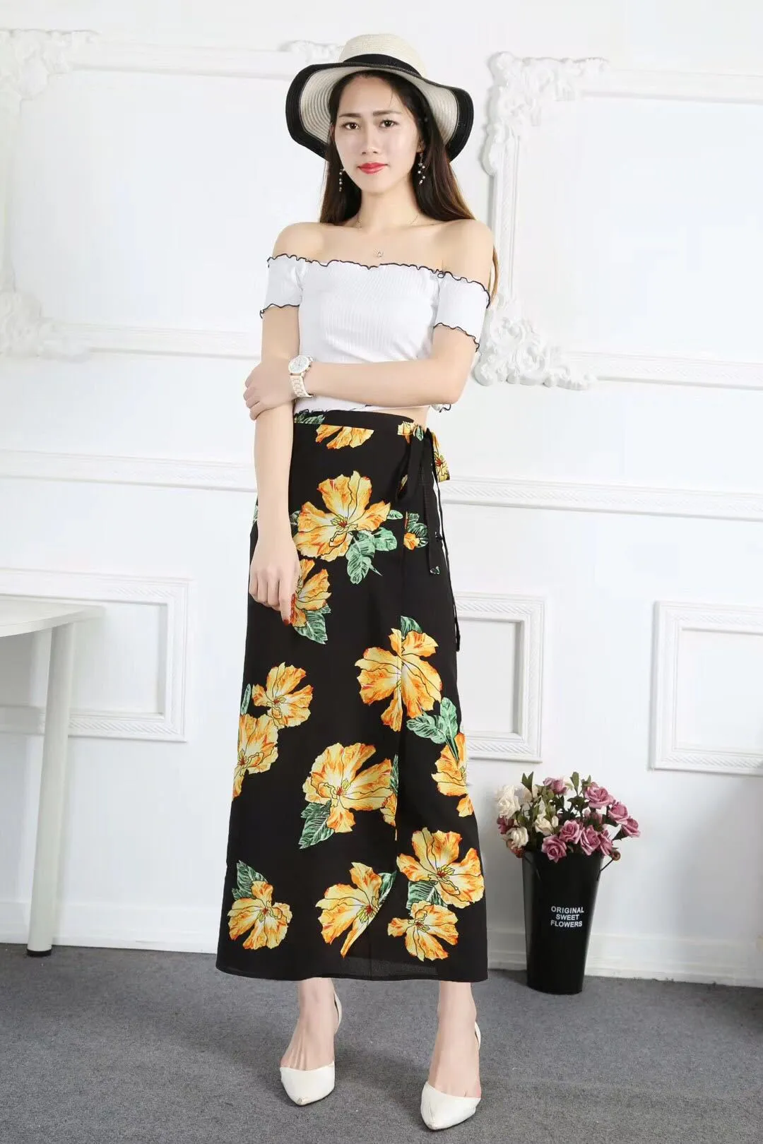 Lace Women Summer High Waist Slim Look Beach Chiffon Floral Skirt Beachwear