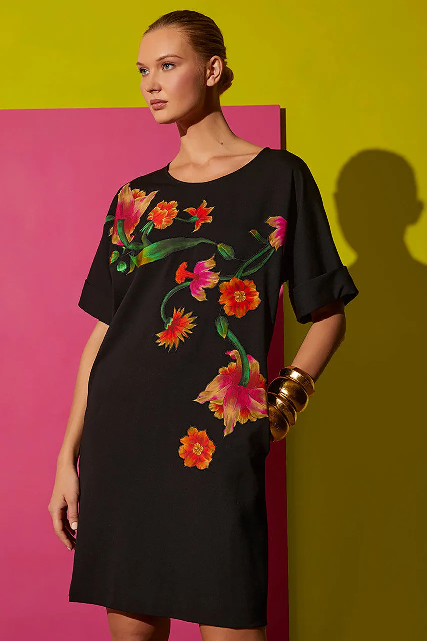 Light Weight Ponte Floral Applique T-Shirt Dress