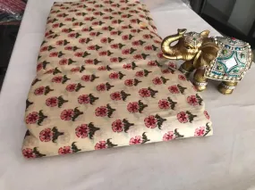 Light Yellow Pink Floral Hand Screen Printed Malmal Cotton Fabric