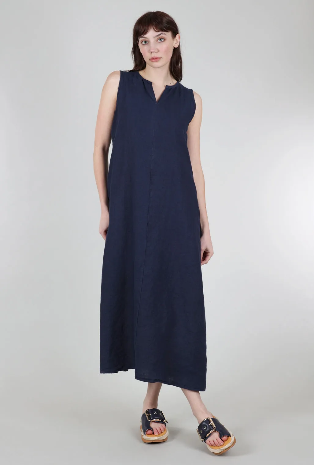 Linen Split-Neck Maxi Dress, Nightsky