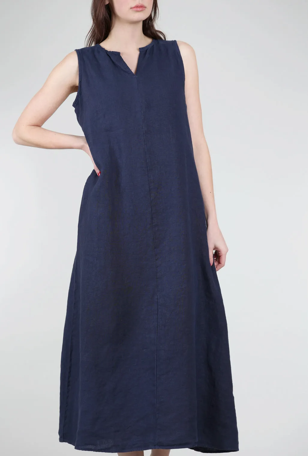 Linen Split-Neck Maxi Dress, Nightsky