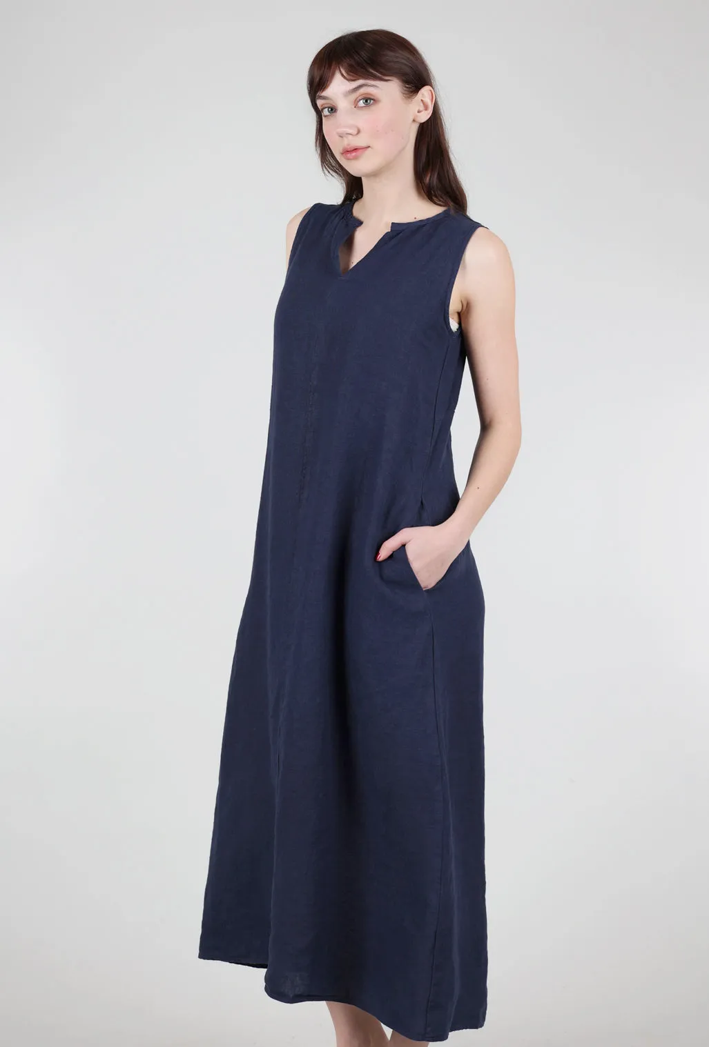Linen Split-Neck Maxi Dress, Nightsky
