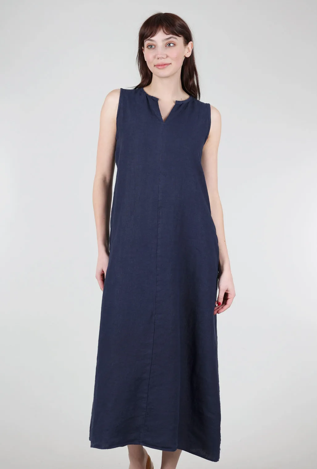 Linen Split-Neck Maxi Dress, Nightsky