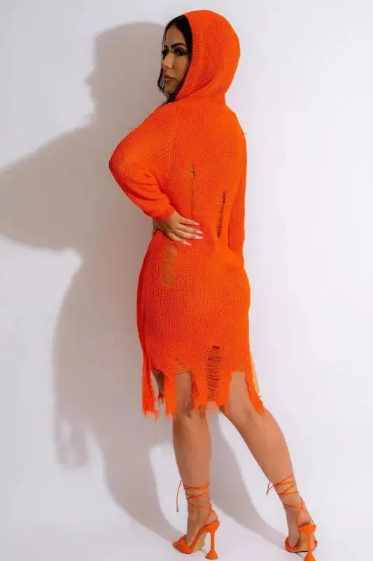 Long Sleeve Ripped Hem Hooded Mini Dress