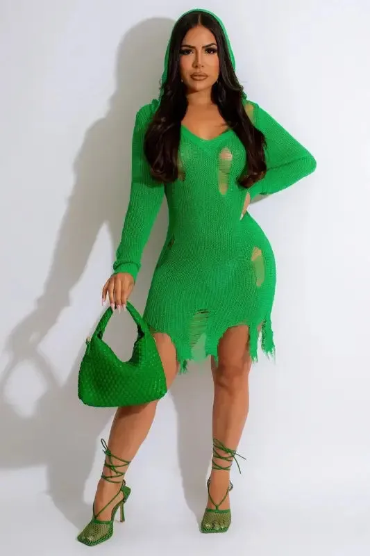 Long Sleeve Ripped Hem Hooded Mini Dress