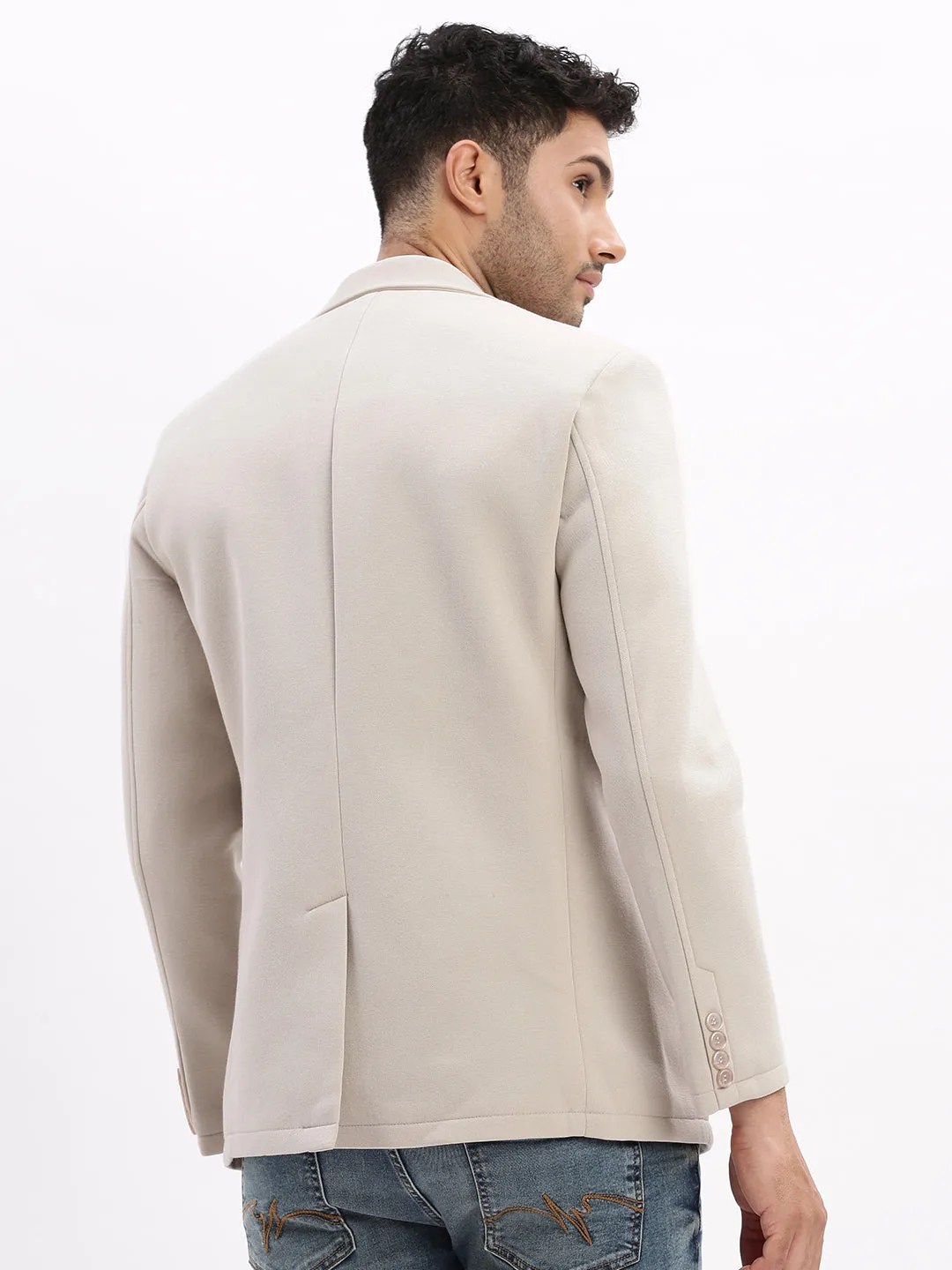 Men Solid Cream Single Breasted Blazer