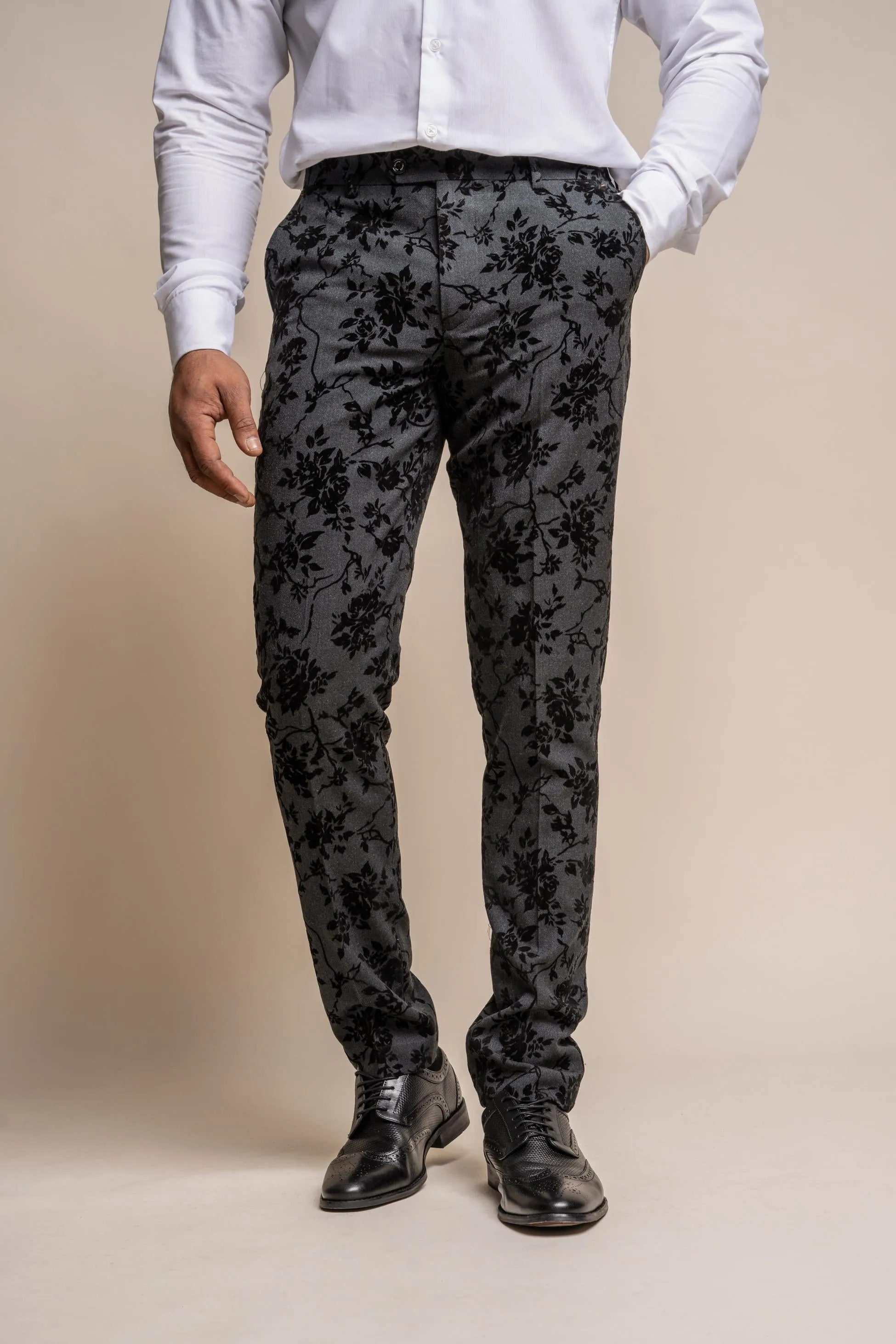 Men's Black Velvet Floral Embroidered Trousers - GEORGI - Black