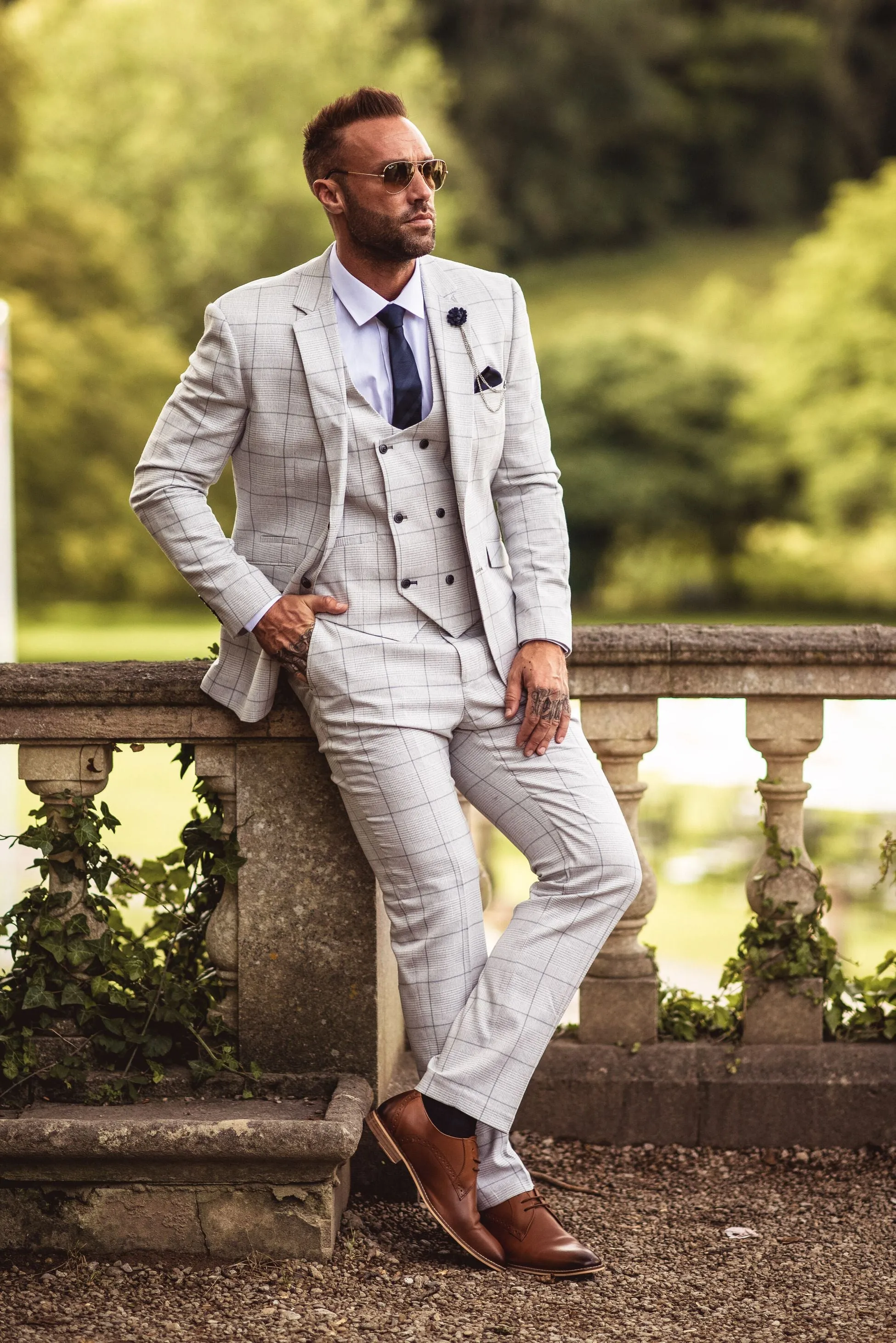 Men's Retro Check Grey Suit - RADIKA - Light Grey
