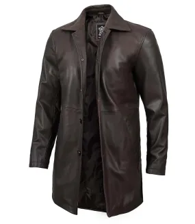 Men's Tall Distressed Dark Brown Leather Car Coat