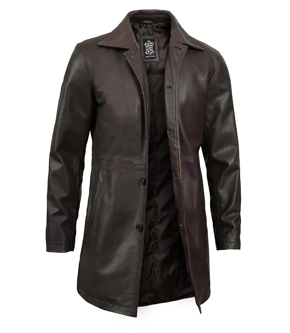 Men's Tall Distressed Dark Brown Leather Car Coat