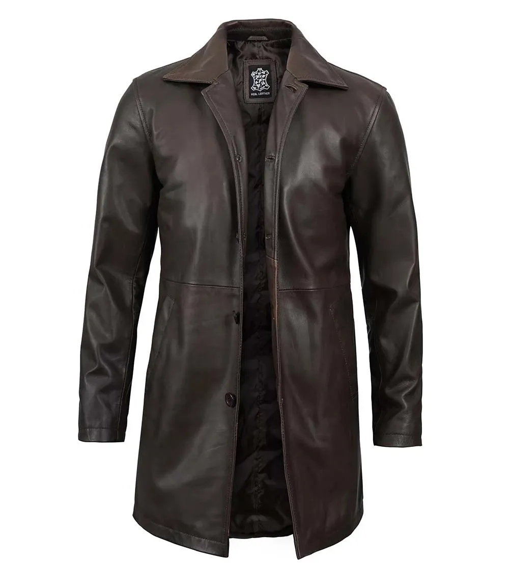 Men's Tall Distressed Dark Brown Leather Car Coat