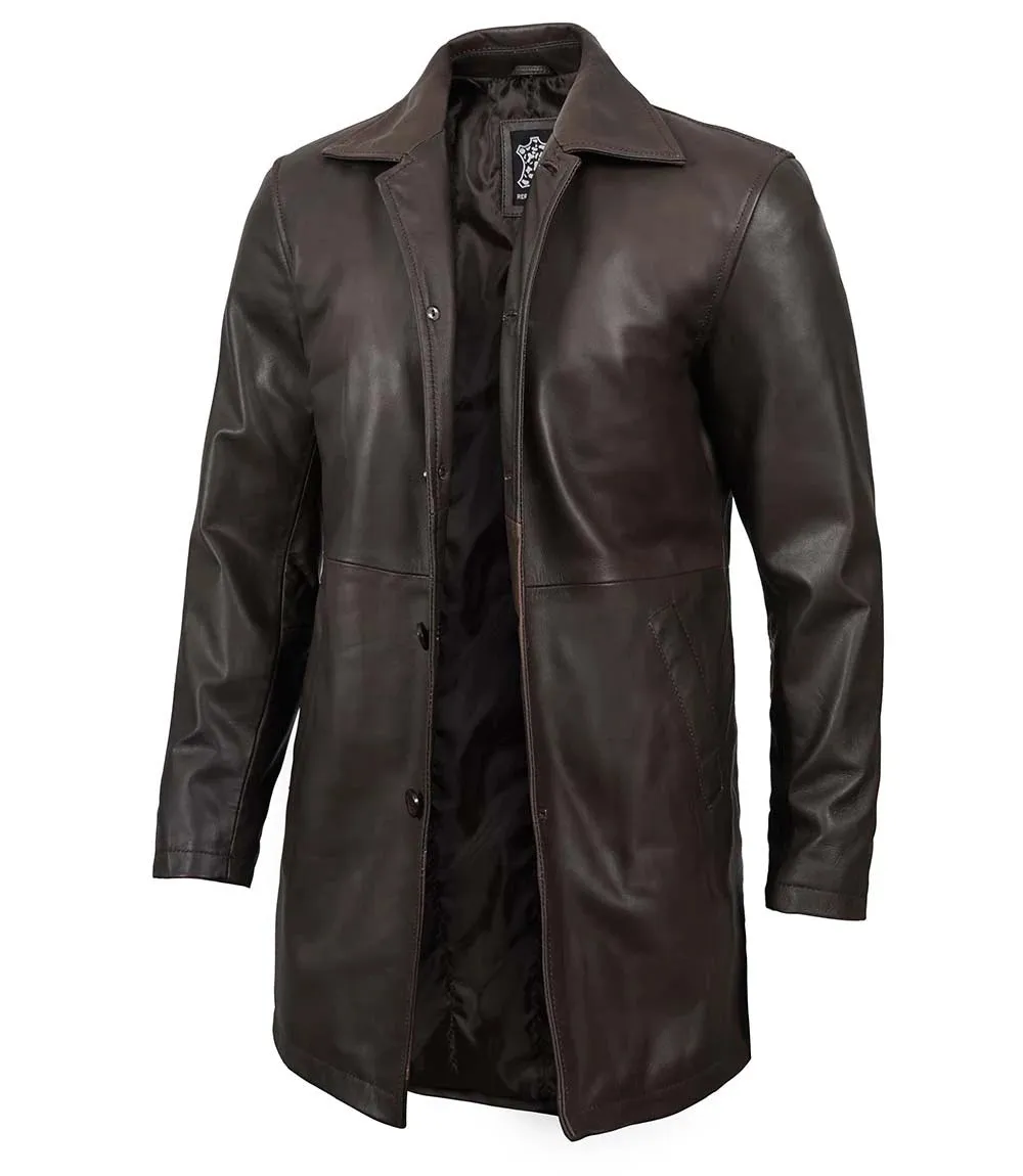Men's Tall Distressed Dark Brown Leather Car Coat