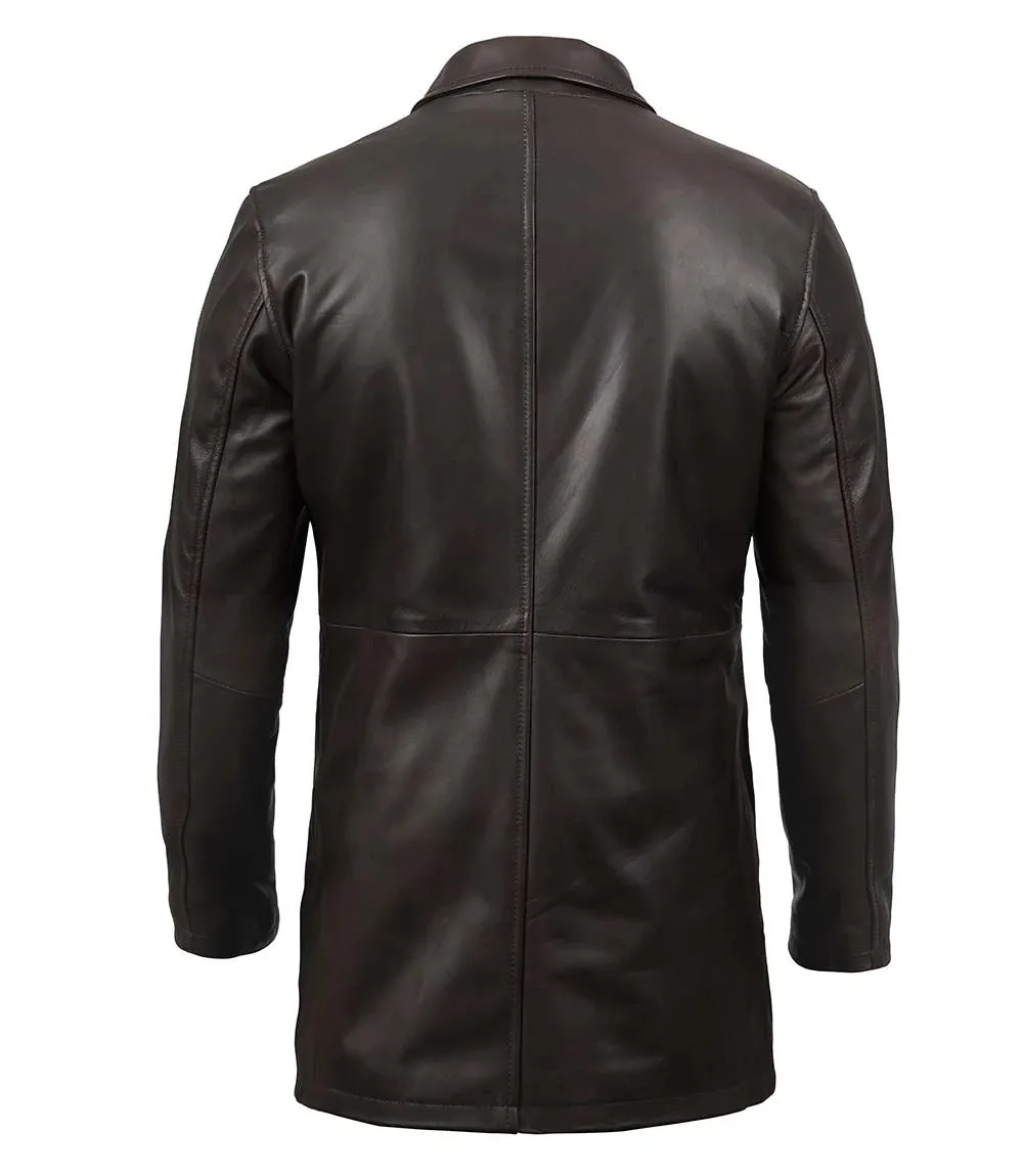 Men's Tall Distressed Dark Brown Leather Car Coat