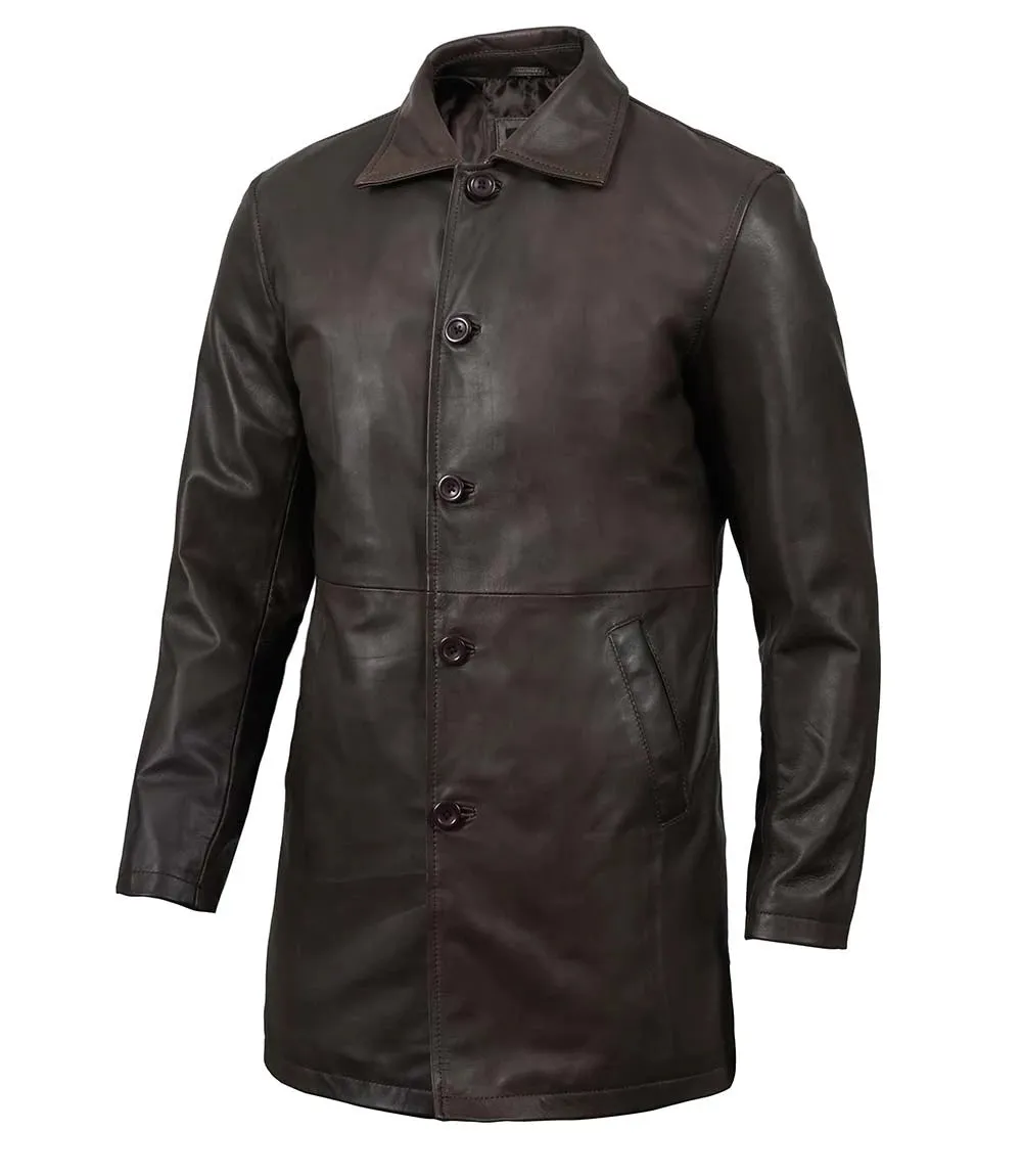 Men's Tall Distressed Dark Brown Leather Car Coat