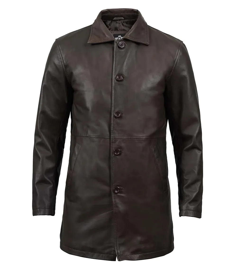Men's Tall Distressed Dark Brown Leather Car Coat