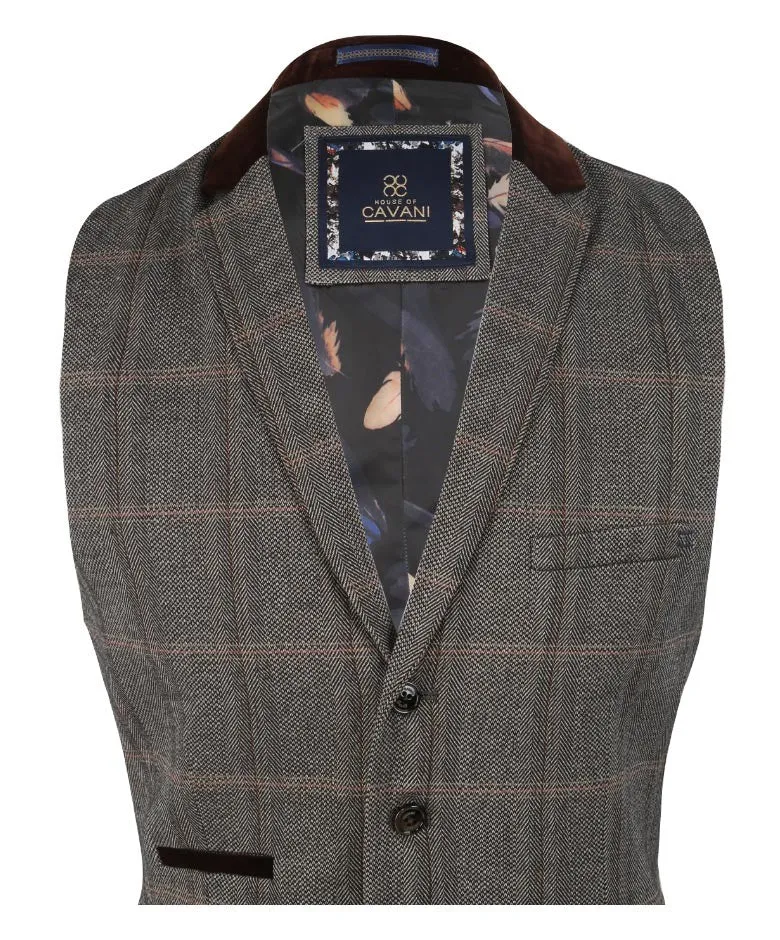 Men's Tweed Check Retro Suit Waistcoat - Connall Brown - Brown