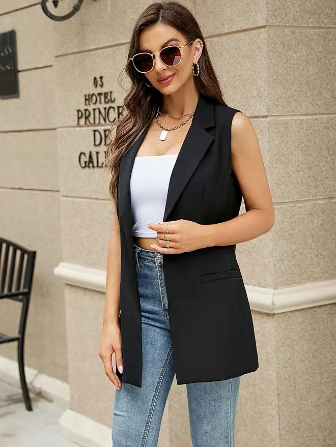 New Kedera Women's Long Sleeveless Duster Trench Vest Casual Lapel Office Blazer Jacket Black, Sz L
