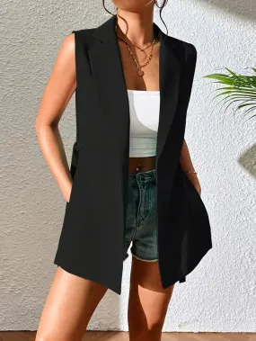 New Kedera Women's Long Sleeveless Duster Trench Vest Casual Lapel Office Blazer Jacket Black, Sz L
