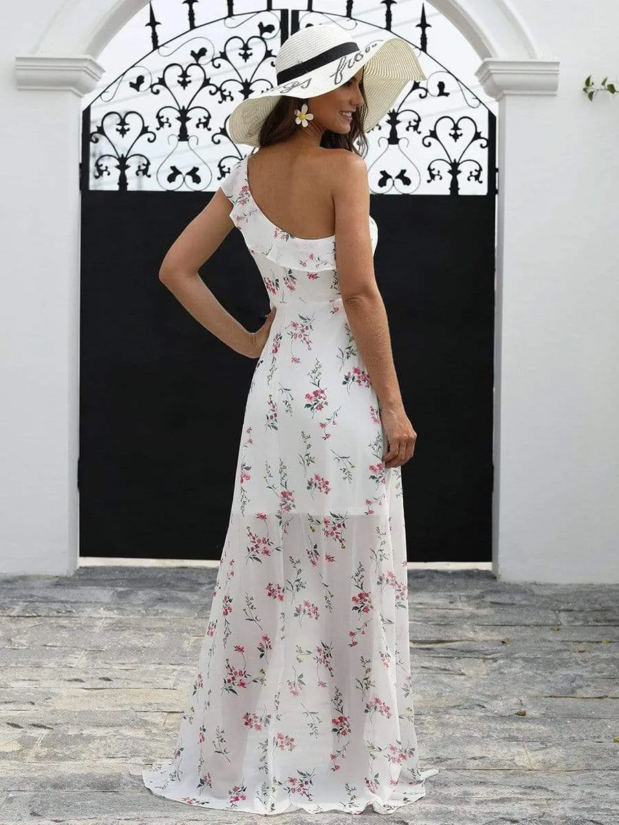 One Shoulder Floral Print High Low Dress