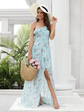 One Shoulder Floral Print High Low Dress