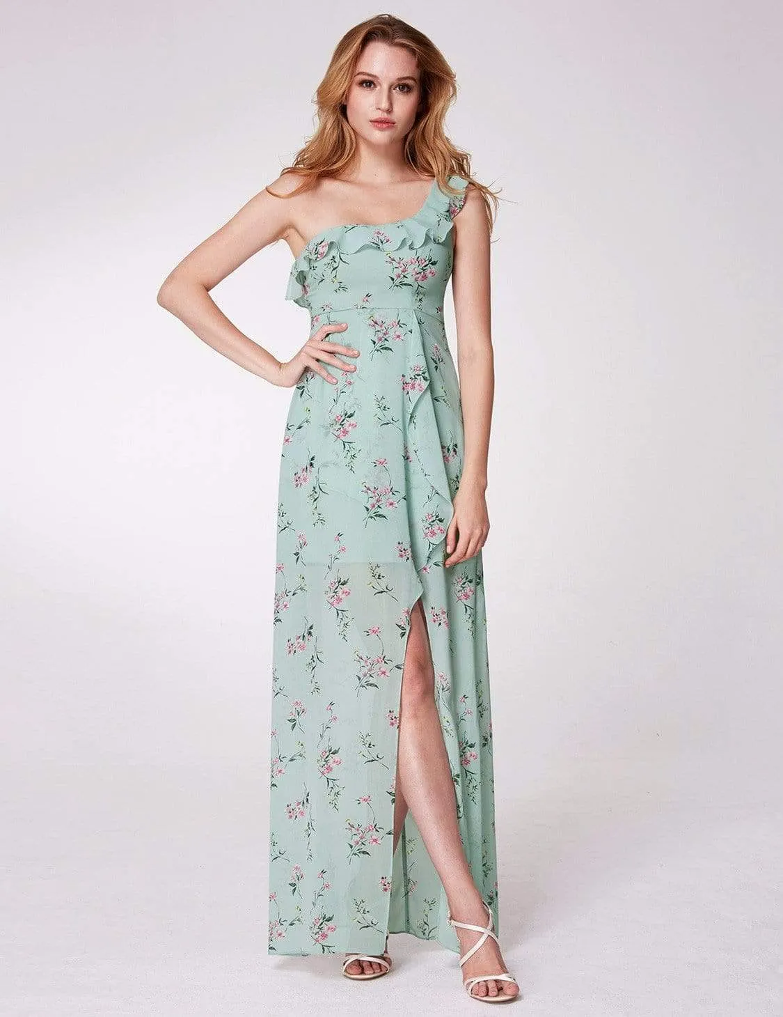 One Shoulder Floral Print High Low Dress