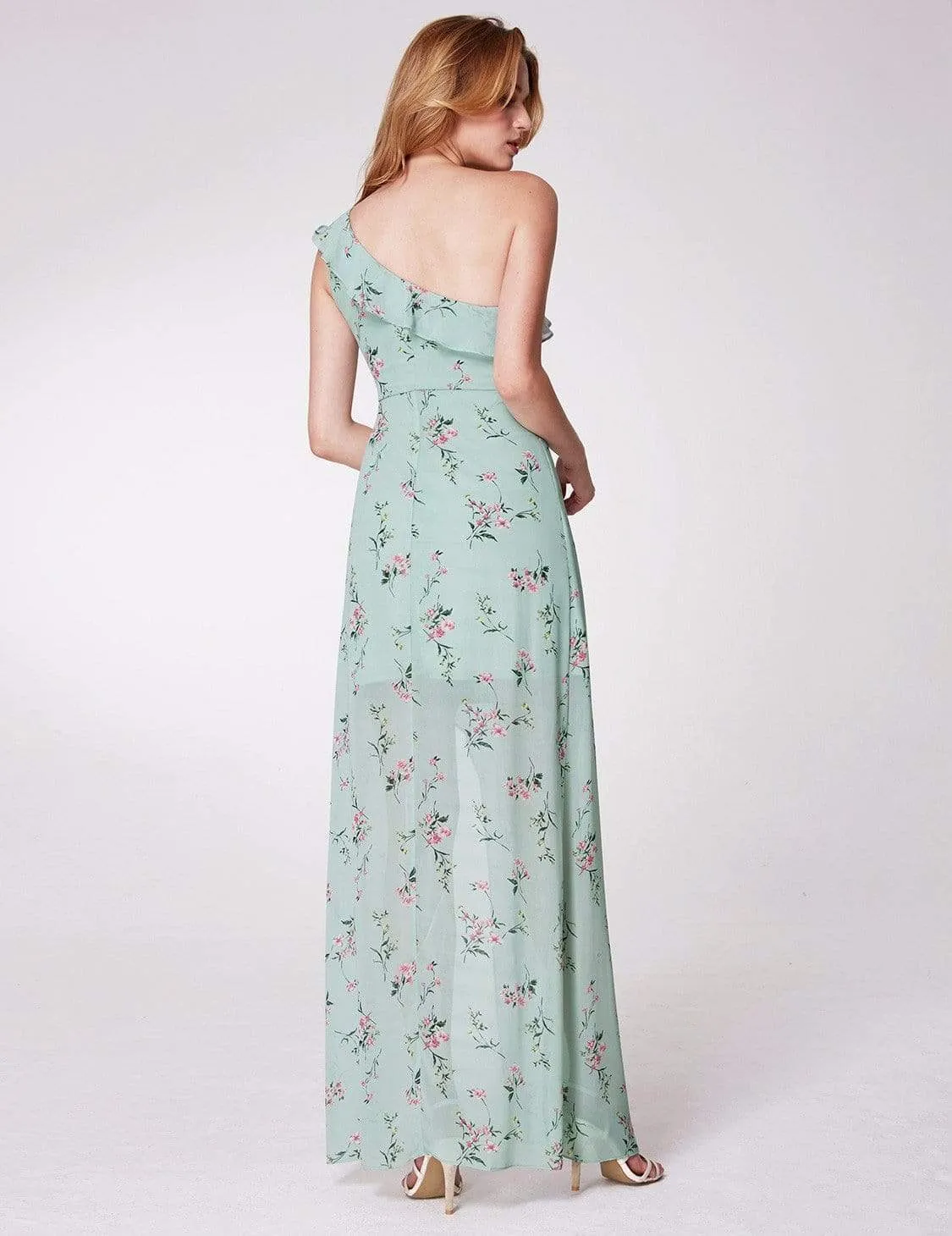 One Shoulder Floral Print High Low Dress
