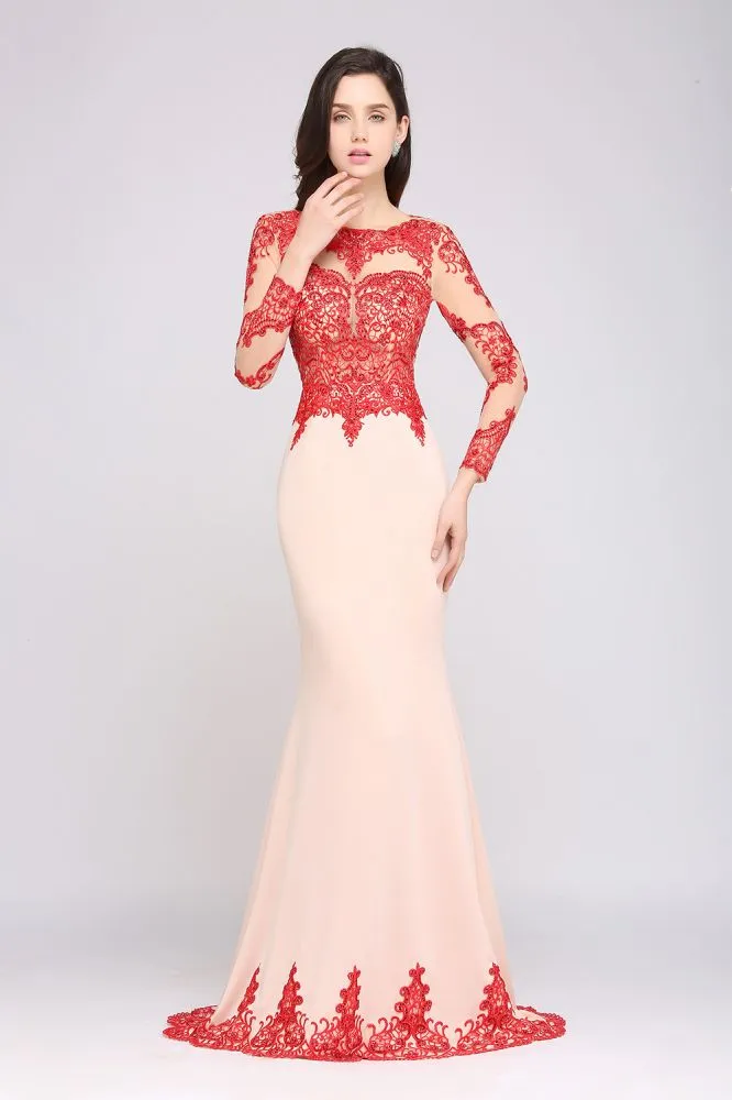 Pink Mermaid Scoop Sweep Train Pretty Evening Dresses with Lace