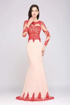 Pink Mermaid Scoop Sweep Train Pretty Evening Dresses with Lace