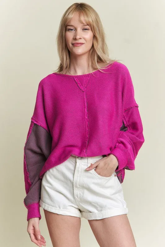 Plus Two Tone Color Block Reversible Dolman Knit Sweater