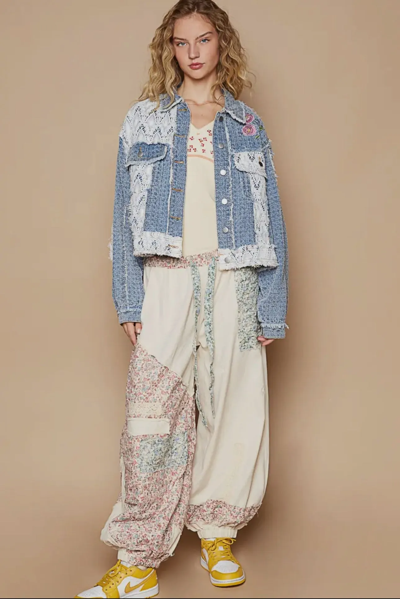 POL Dusty Blue Crochet Patch Embroidered Button Up Jacket