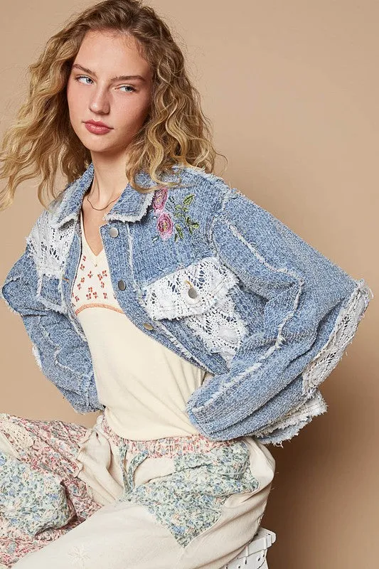 POL Dusty Blue Crochet Patch Embroidered Button Up Jacket