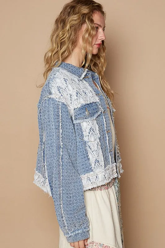 POL Dusty Blue Crochet Patch Embroidered Button Up Jacket
