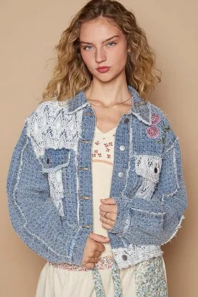 POL Dusty Blue Crochet Patch Embroidered Button Up Jacket