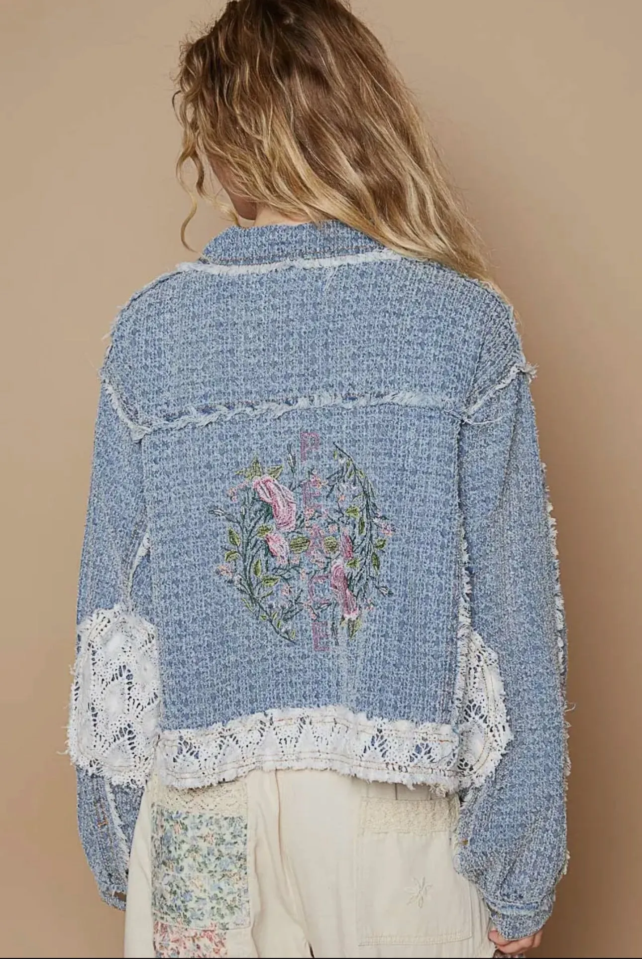 POL Dusty Blue Crochet Patch Embroidered Button Up Jacket