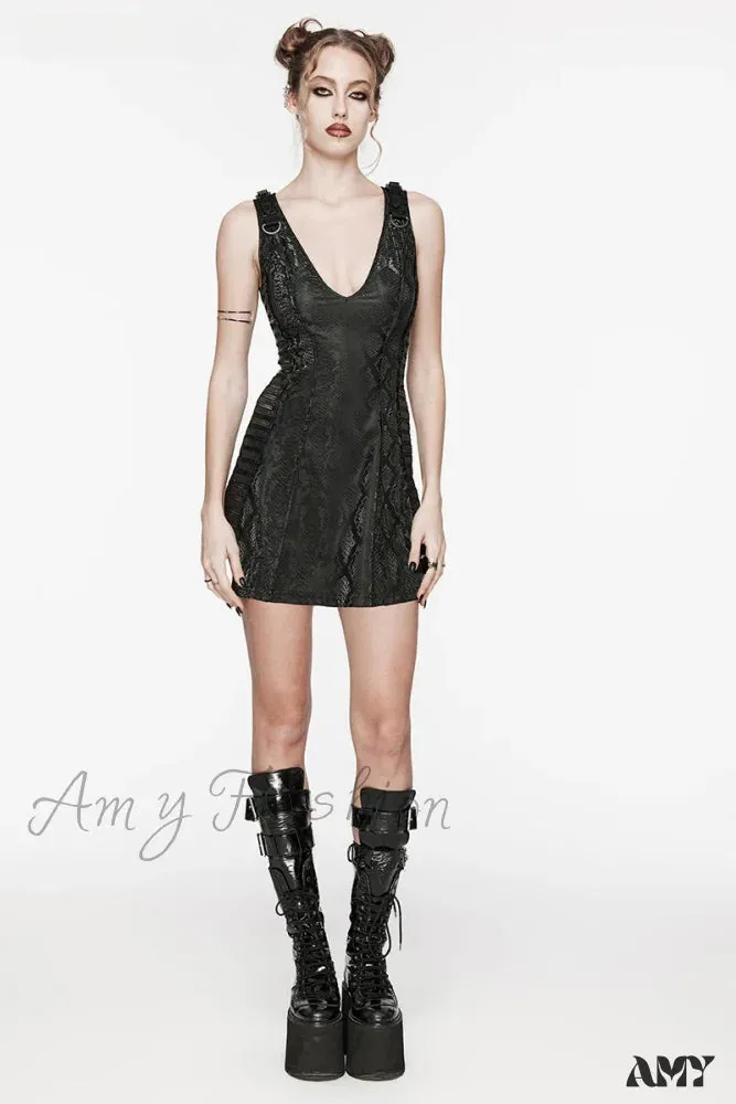 Punk Sexy Deep V-neck See-through Splicing Horizontal Mesh Daily Party Club Small Short Summer Gothic Dress