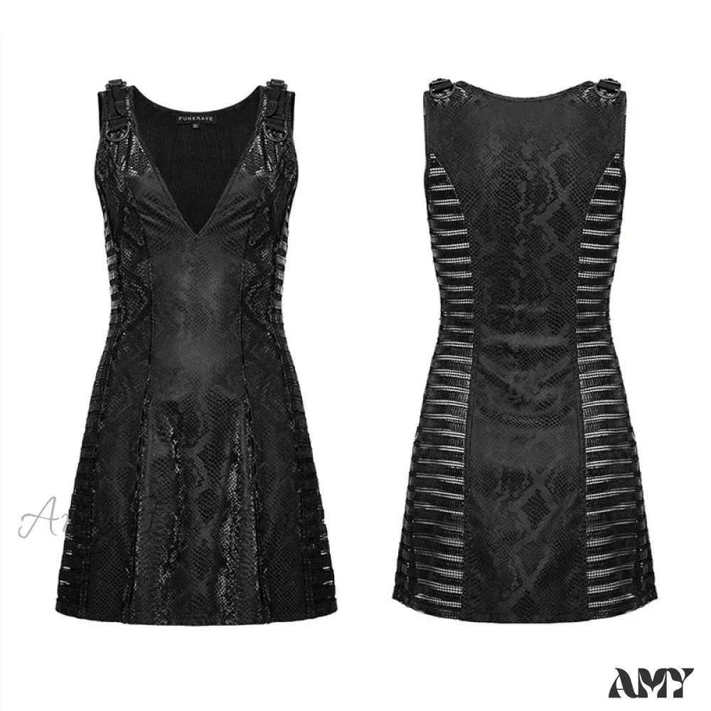 Punk Sexy Deep V-neck See-through Splicing Horizontal Mesh Daily Party Club Small Short Summer Gothic Dress