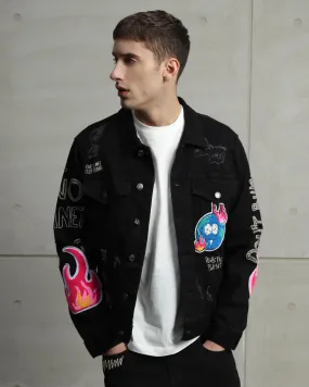 Ripped Black Denim Jacket with Embroidery and graffiti-Mexico Local Delivery