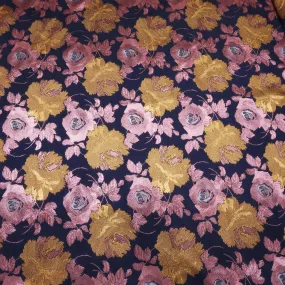 Rose Gold and Bronze Floral on a Navy Background Brocade Fabric
